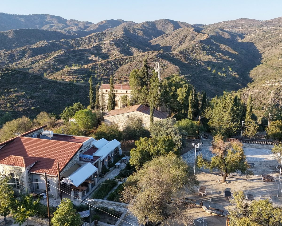 Vavla from the air: the church, the village square and the hills around it